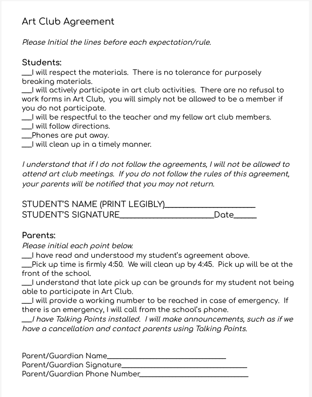 Art Club Rules English